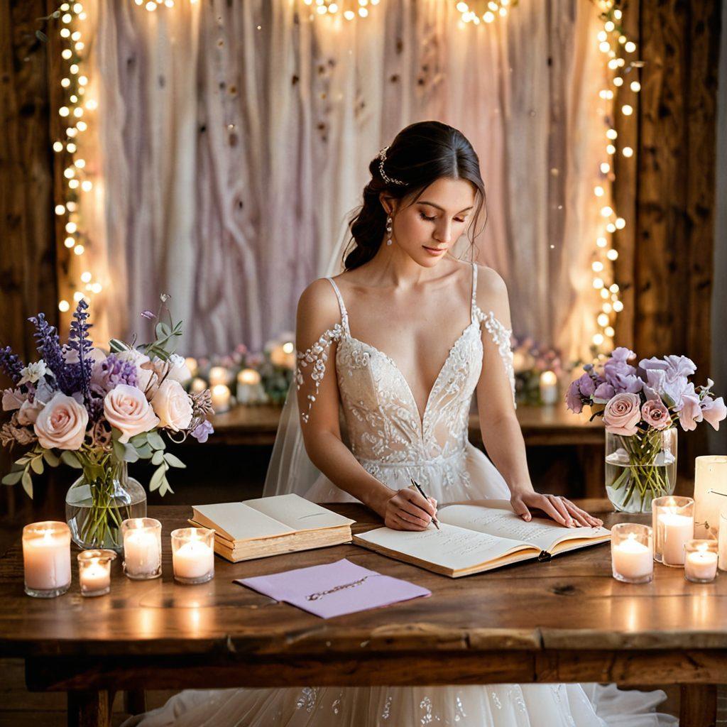 An elegant bridal scene featuring a beautiful bride in a stunning wedding dress surrounded by soft pastel flowers and shimmering fairy lights. Include a vintage wedding planner, scented candles, and a well-organized budget notebook on a rustic wooden table. The atmosphere should exude romance and serenity, illustrating the journey from budgeting to bridal beauty. soft and dreamy aesthetic. watercolor style. pastel colors.