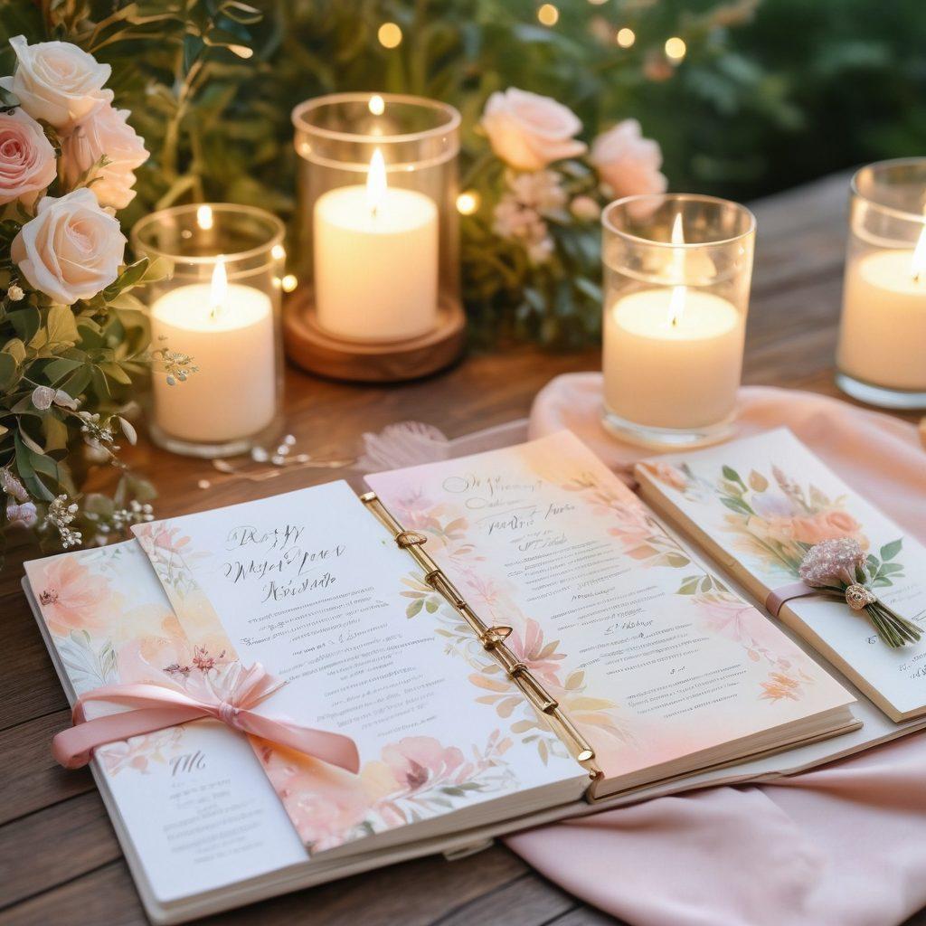 A beautifully arranged wedding planner spread with a soft pastel color palette, featuring essential items like a floral bouquet, engagement ring, wedding invitations, and a notepad with handwritten tips. In the background, a dreamy outdoor wedding setting with fairy lights and elegant decorations. Soft sunlight filtering through the trees creates a romantic atmosphere. watercolor. soft pastels. elegant and dreamy.