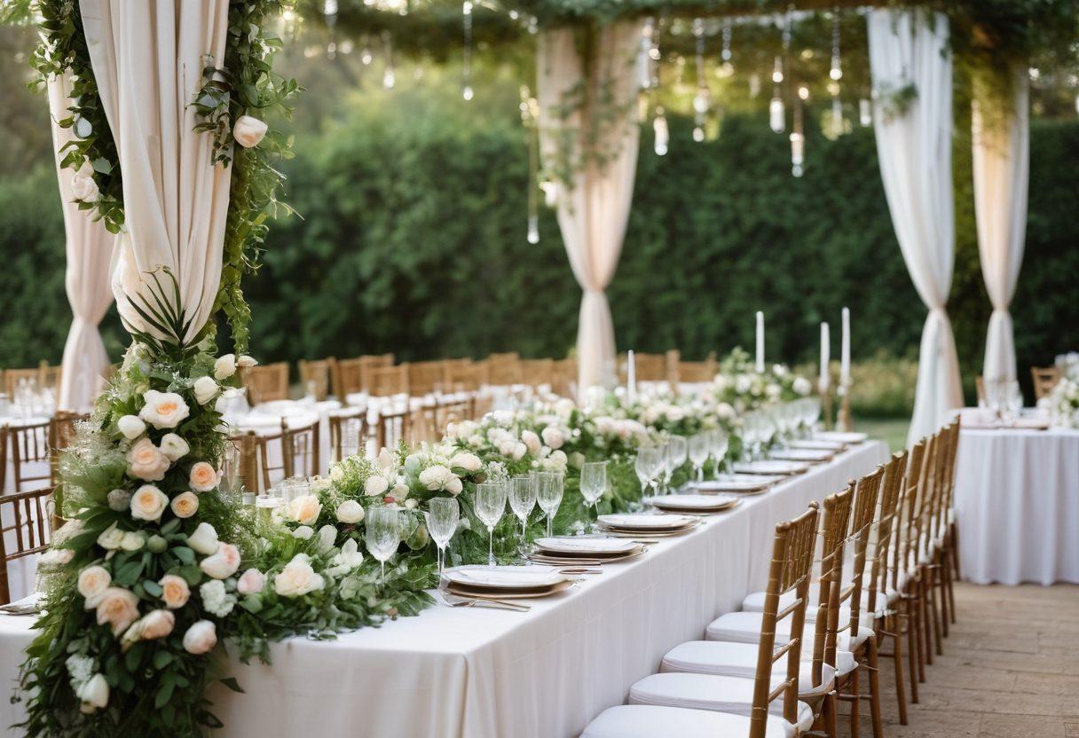 A beautifully arranged wedding scene featuring a trendy outdoor setup with elegant floral decorations, stylish table settings, and a breathtaking backdrop. Couples joyfully celebrate with friends and family, dressed in modern wedding attire. Soft, dreamy lighting enhances the romantic atmosphere, while subtle hints of trending wedding colors are visible in the decor. Elegant calligraphy signage displaying 'Stay Ahead of the Trends' adds a chic touch. super-realistic. vibrant colors. soft focus.